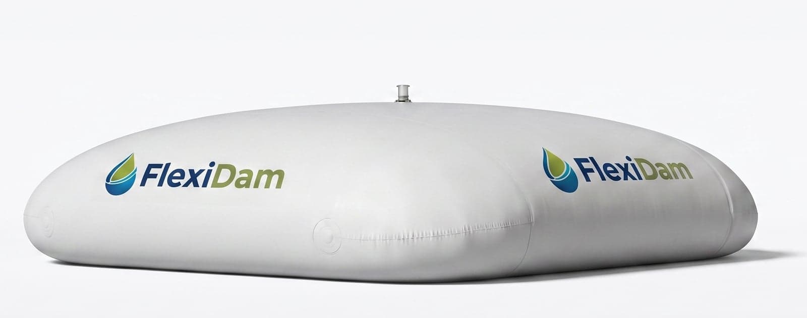 A FlexiDam flexible water tank fabricated from 720 PW 300 liner, shown filled against a plain background